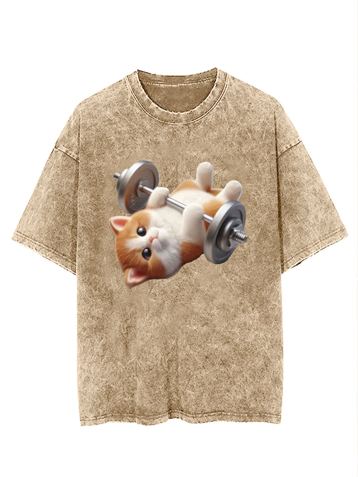 Funny Fitness Cat Printed Laundry T-shirt