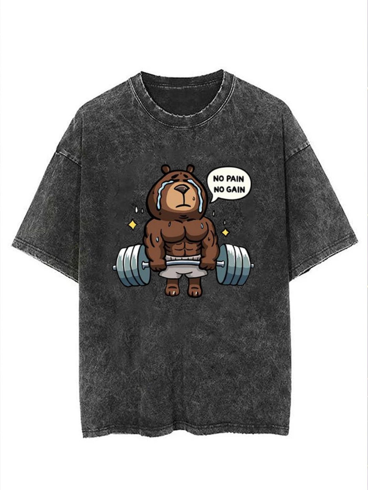 Funny Fitness Bear Printed Washed T-shirt