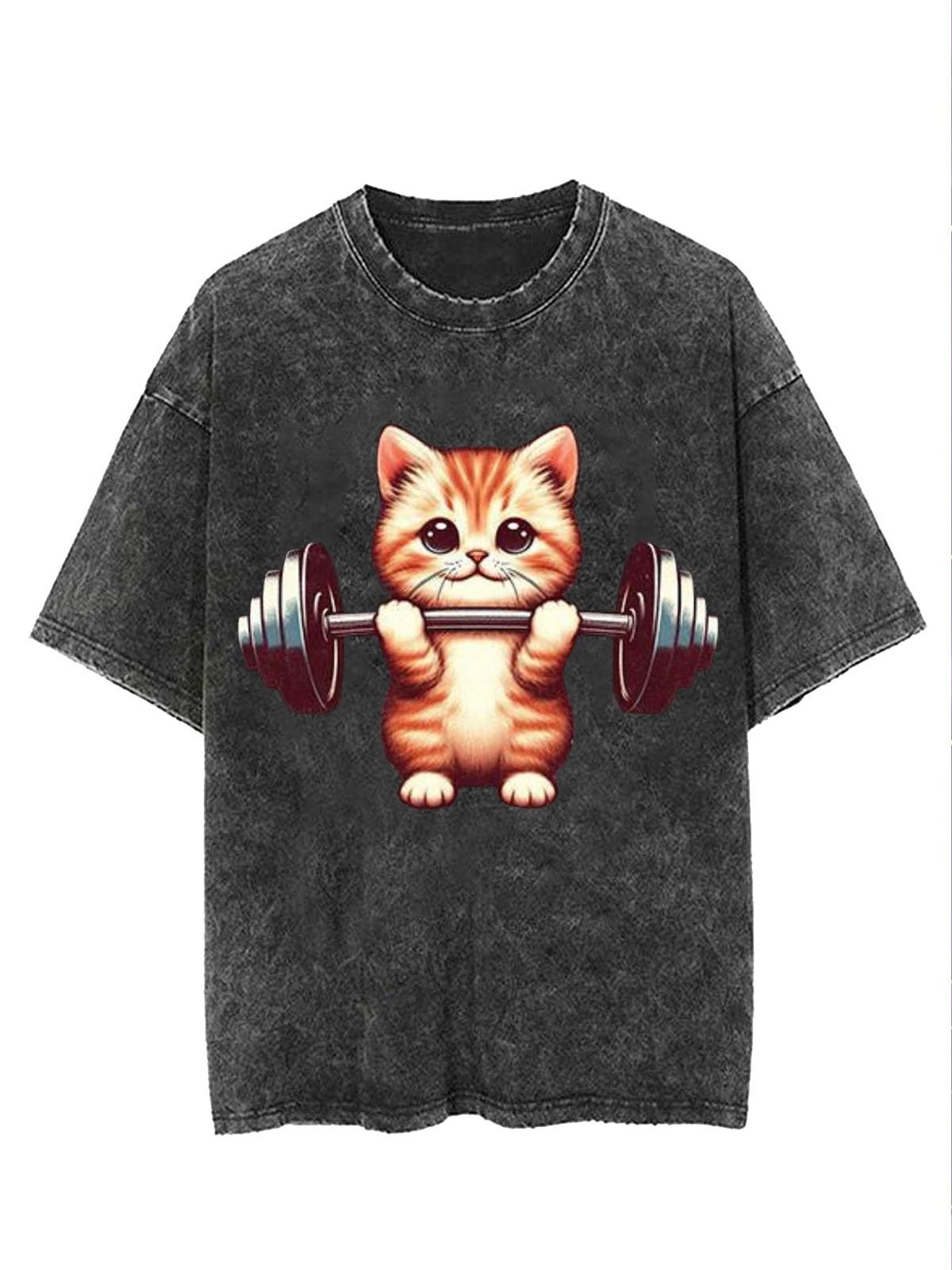 Weightlifting Cat Printed Washed T-shirt