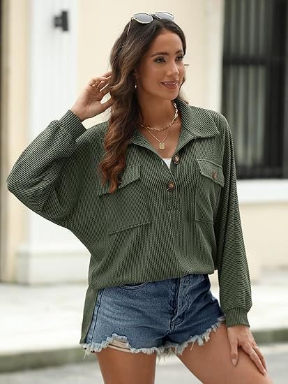 Women's Long Sleeve Blouse Spring/Fall Army Green Plain Shirt Collar Daily Going Out Casual Top