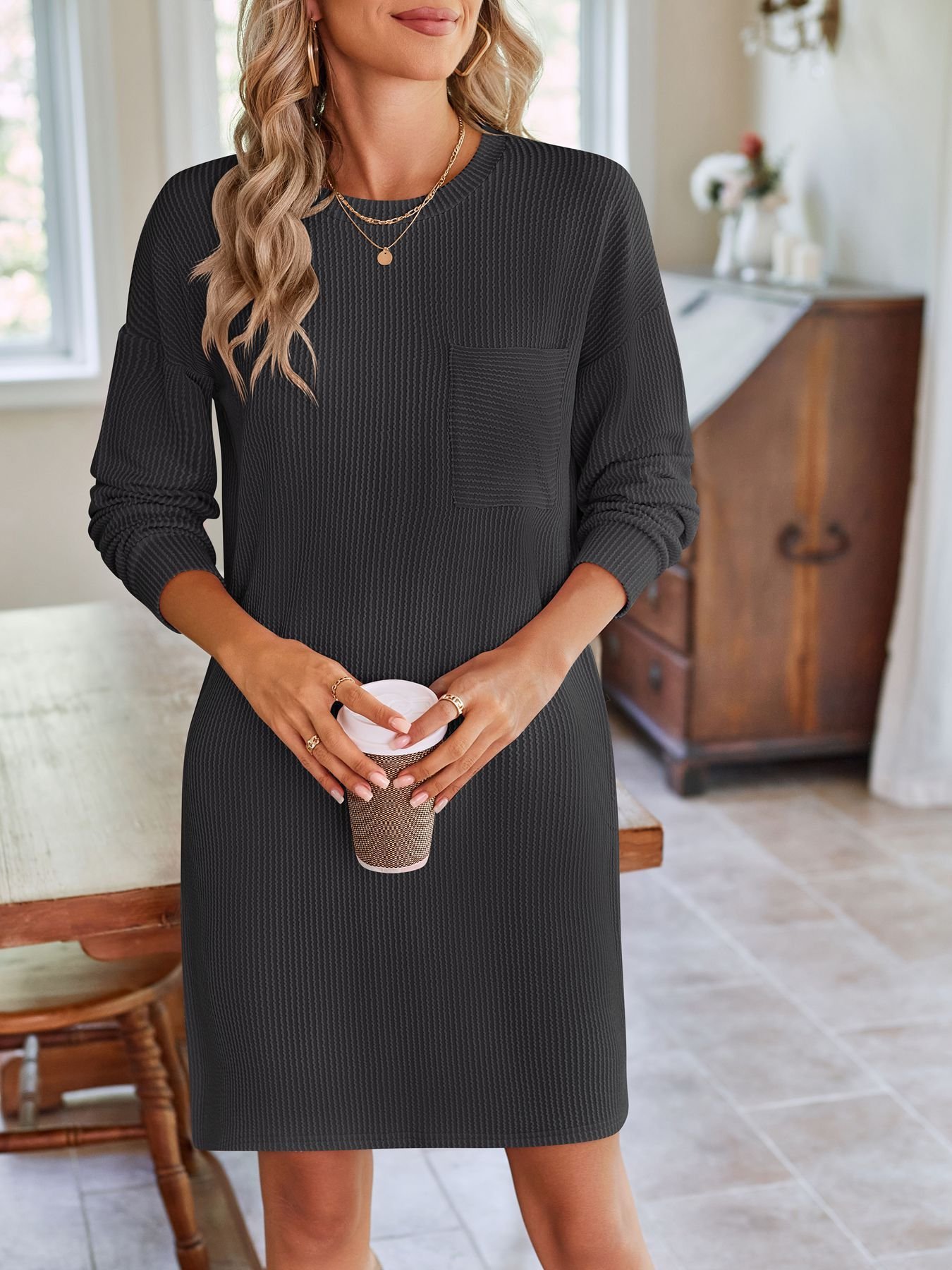 Women's Long Sleeve Summer Green Plain Crew Neck Daily Going Out Casual Knee Length H-Line Dress