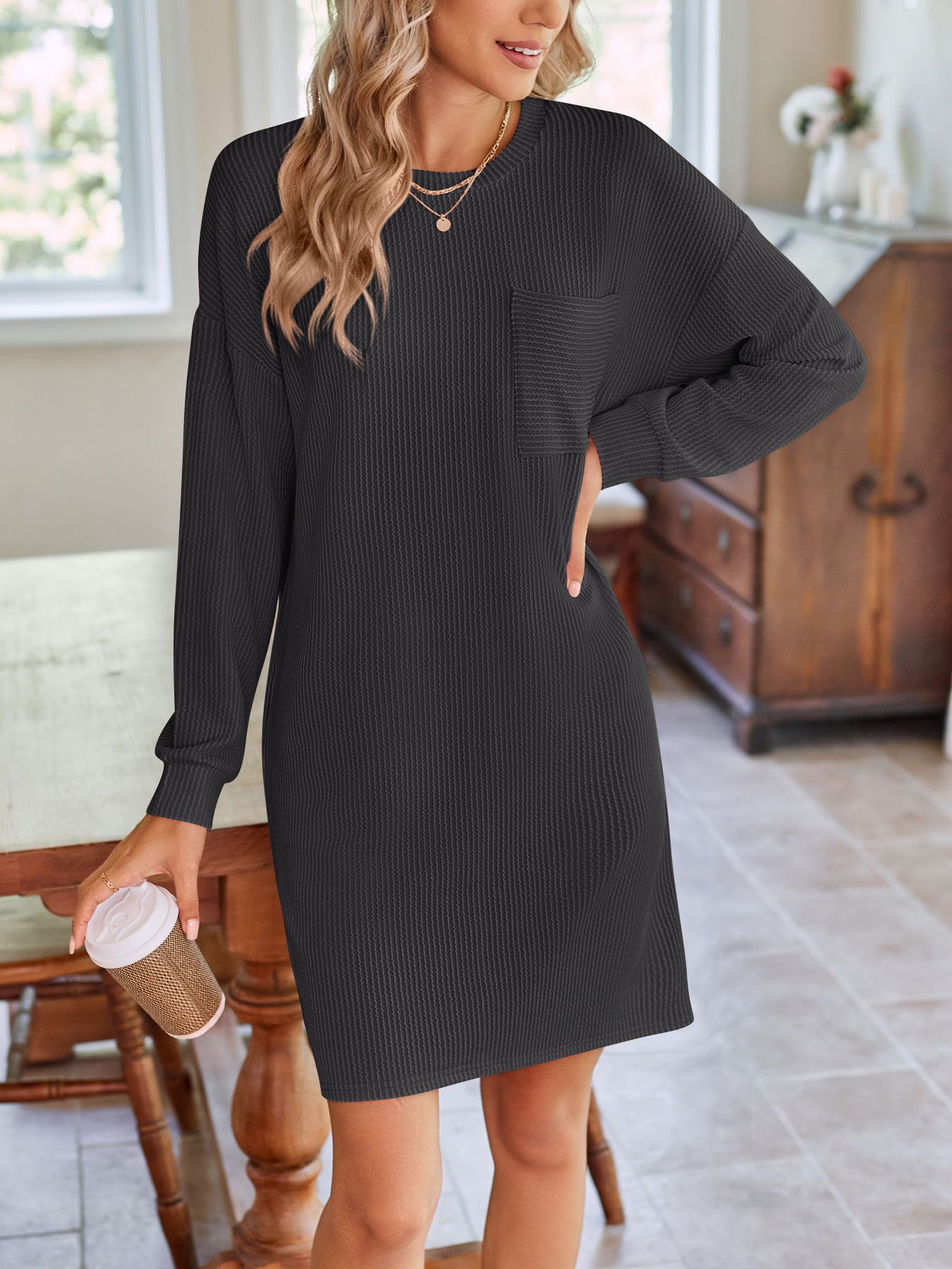 Women's Long Sleeve Summer Green Plain Crew Neck Daily Going Out Casual Knee Length H-Line Dress