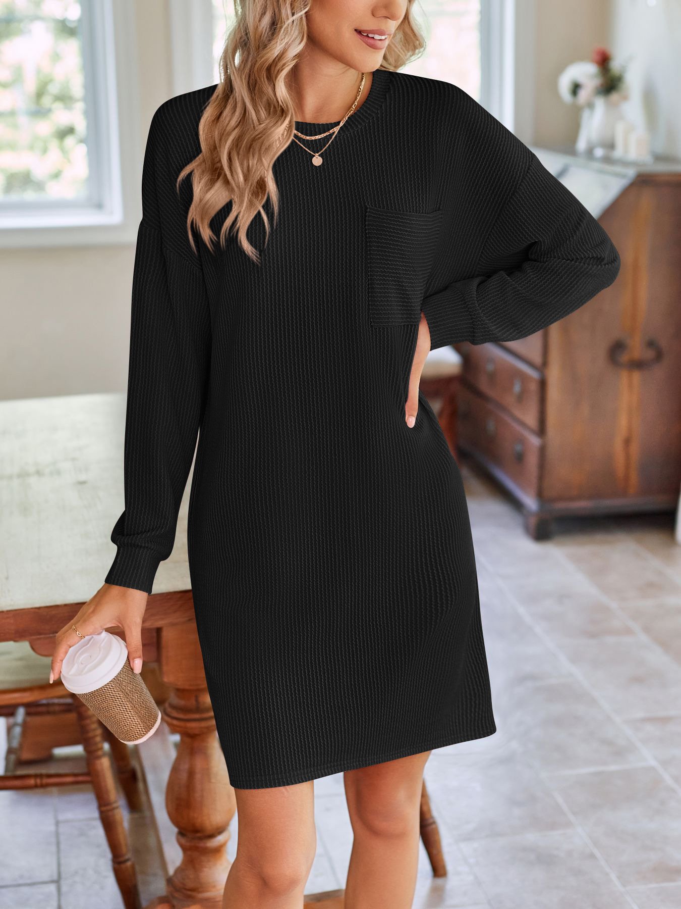 Women's Long Sleeve Summer Green Plain Crew Neck Daily Going Out Casual Knee Length H-Line Dress