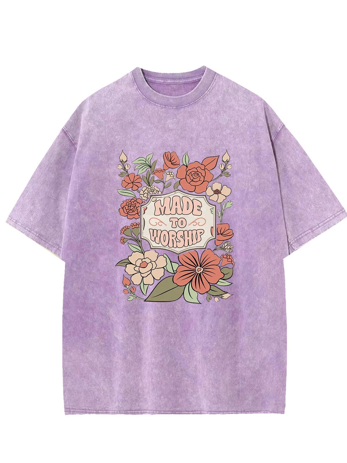 Flower text letter printed casual wash T-shirt