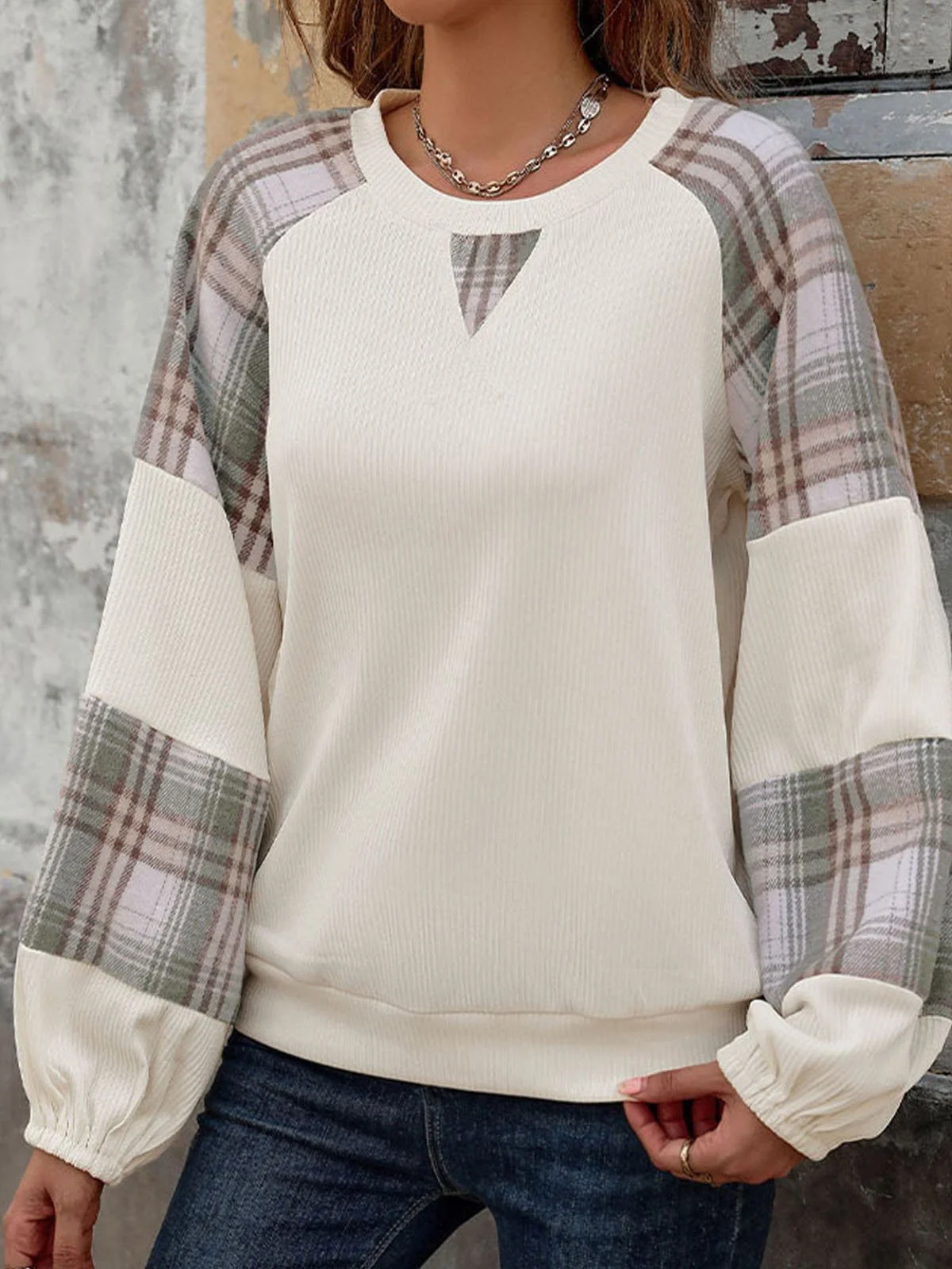 Casual Plaid Crew Neck Split Joint Sweatshirt