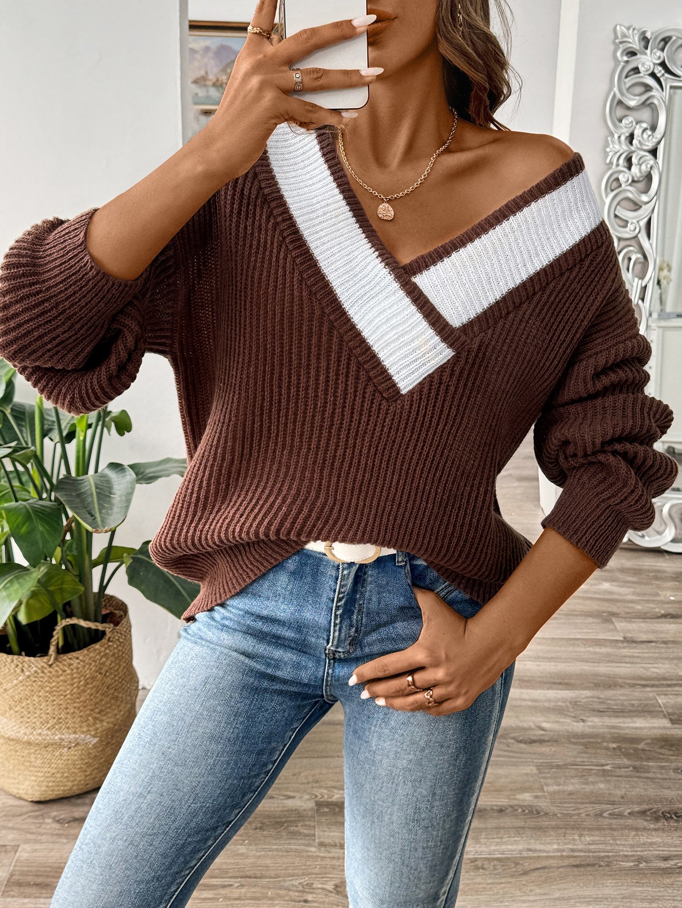 V neck Wool/Knitting Long Sleeve Loose Color Block Casual Sweater