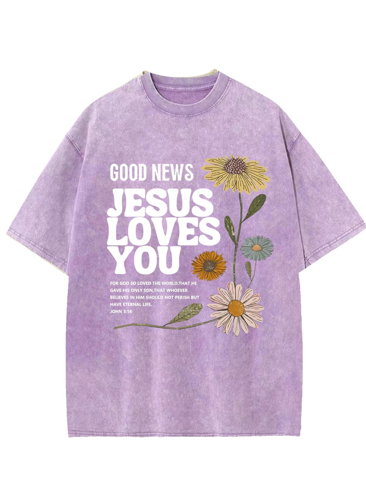 Flower text letter printed casual wash T-shirt