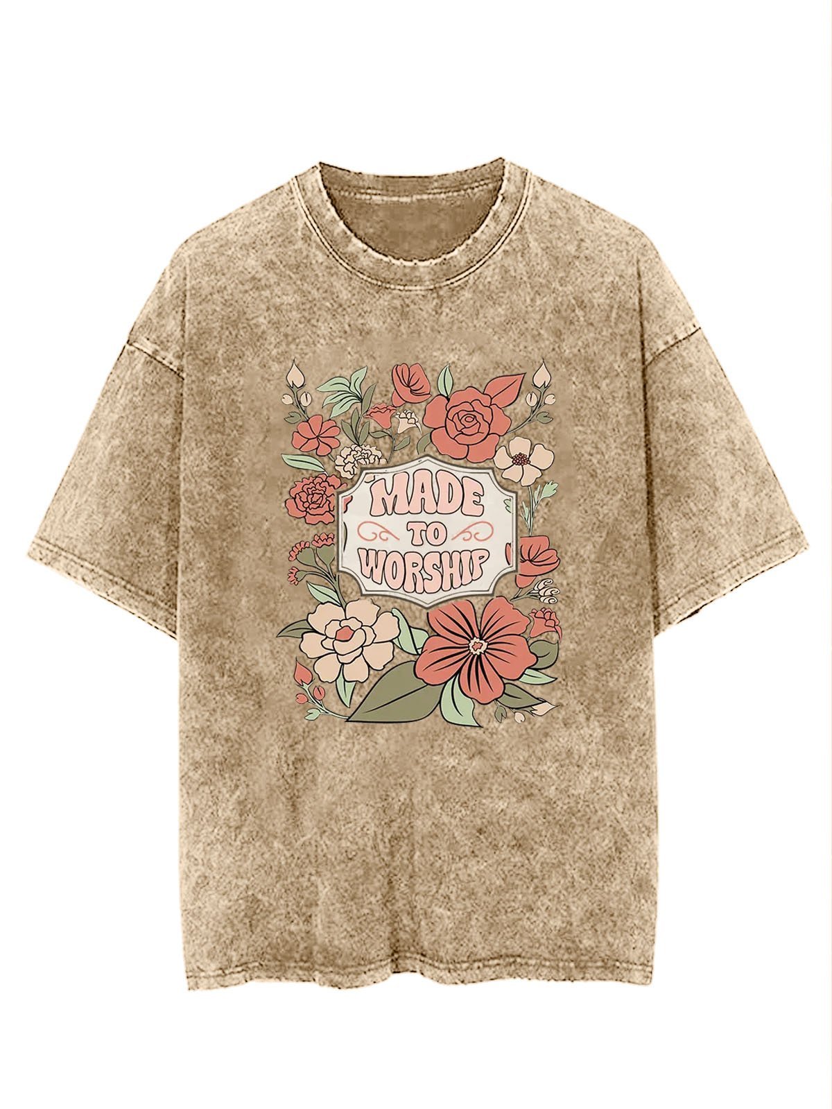 Flower text letter printed casual wash T-shirt