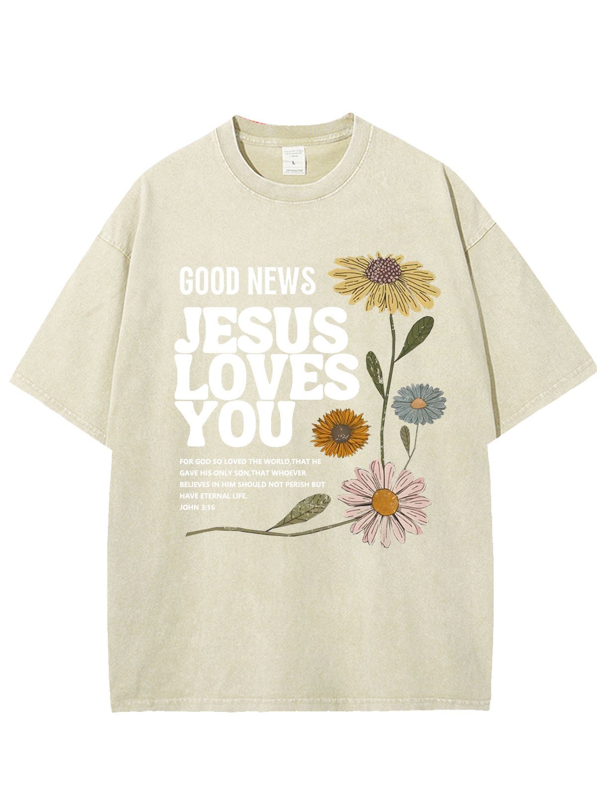 Flower text letter printed casual wash T-shirt