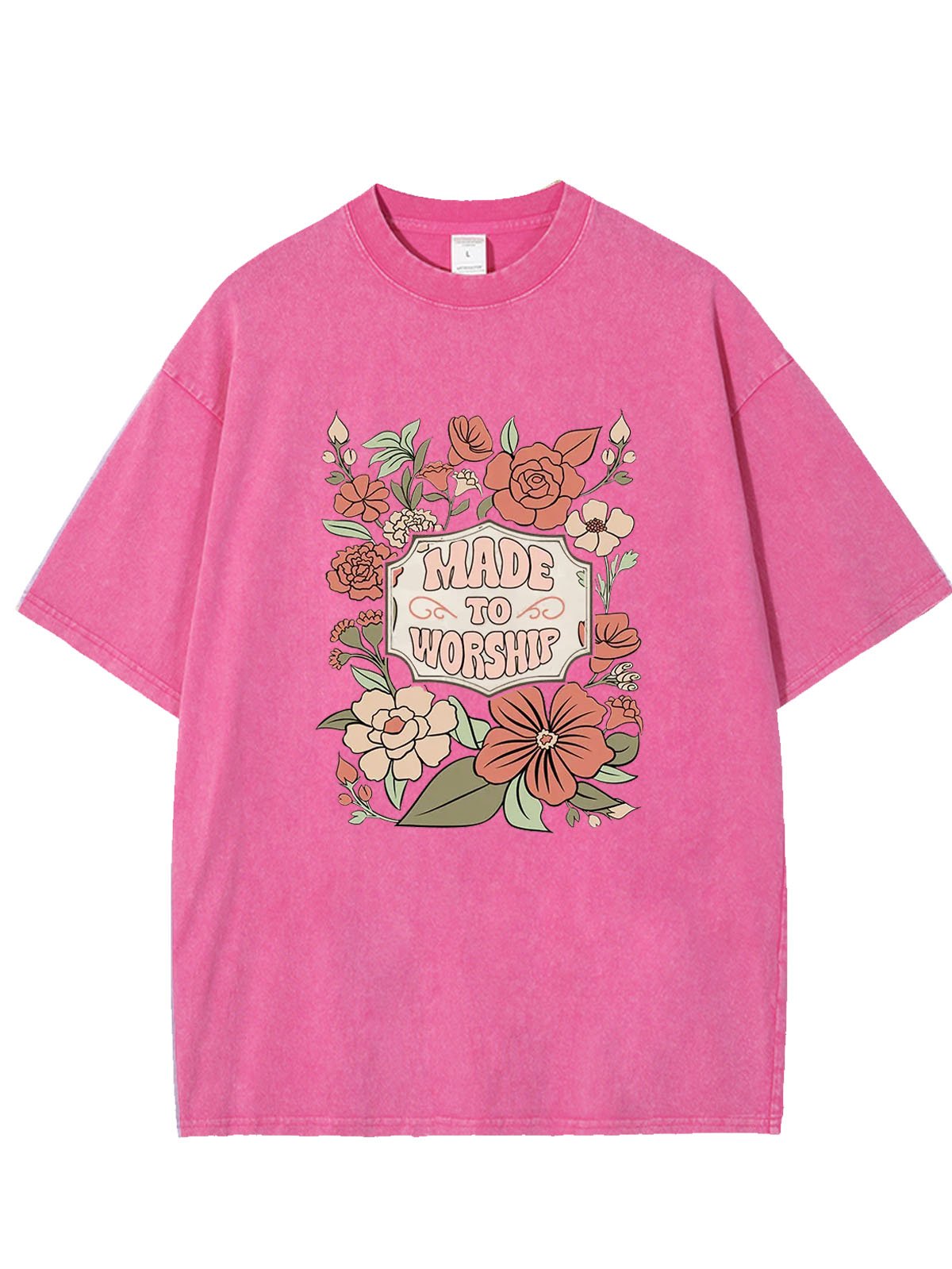 Flower text letter printed casual wash T-shirt