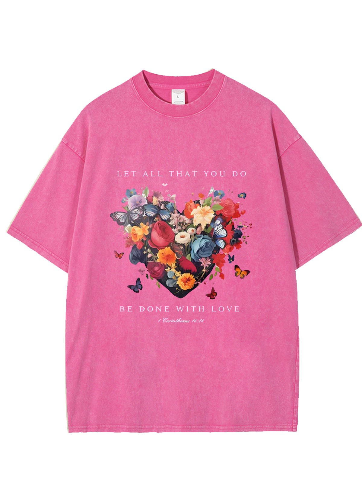 Flower text letter printed casual wash T-shirt