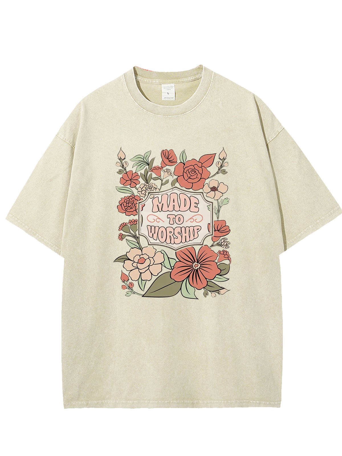 Flower text letter printed casual wash T-shirt