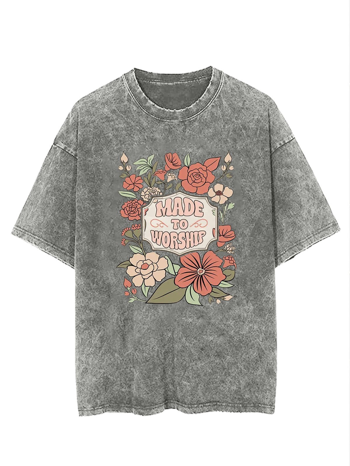 Flower text letter printed casual wash T-shirt