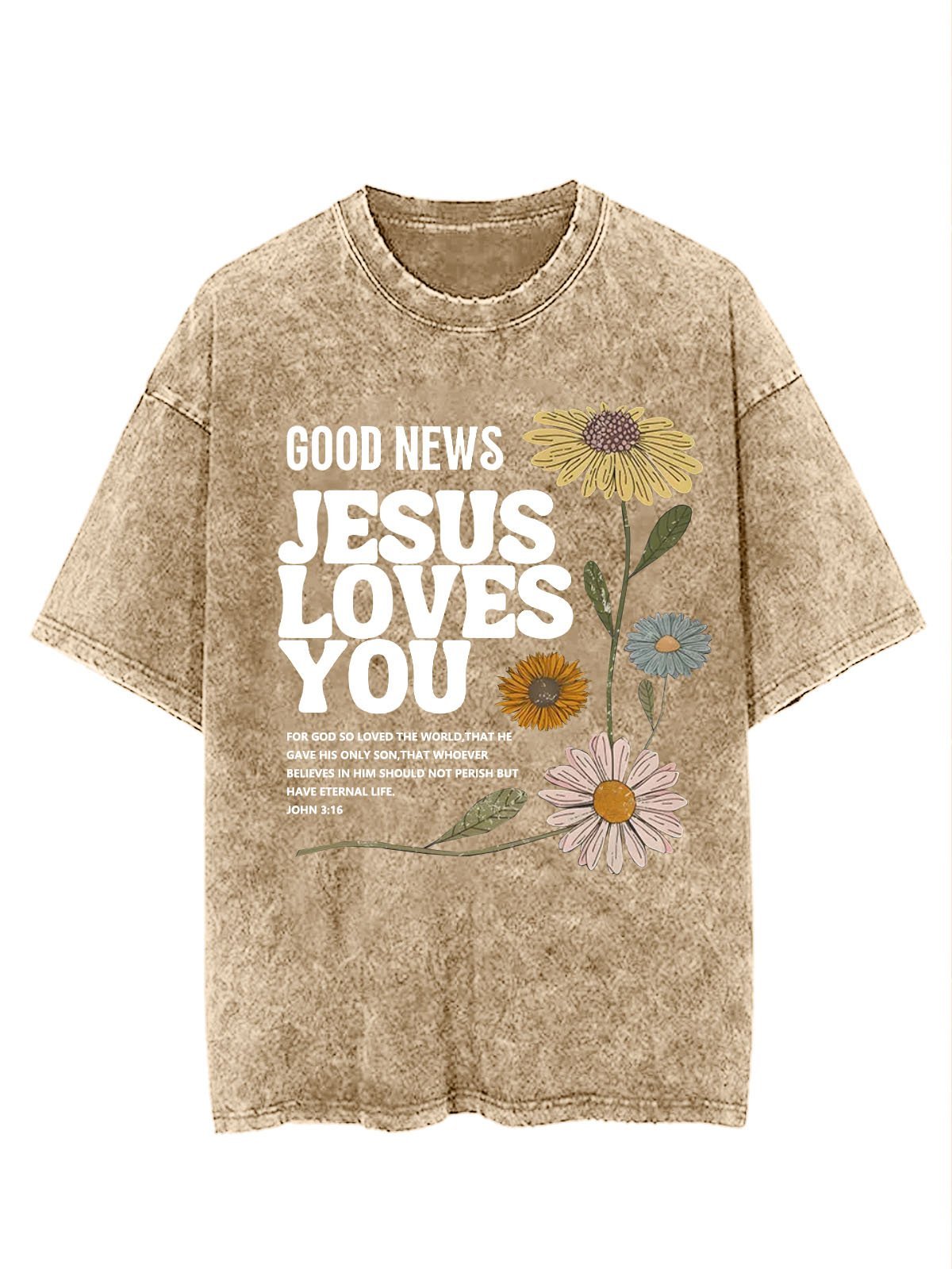 Flower text letter printed casual wash T-shirt