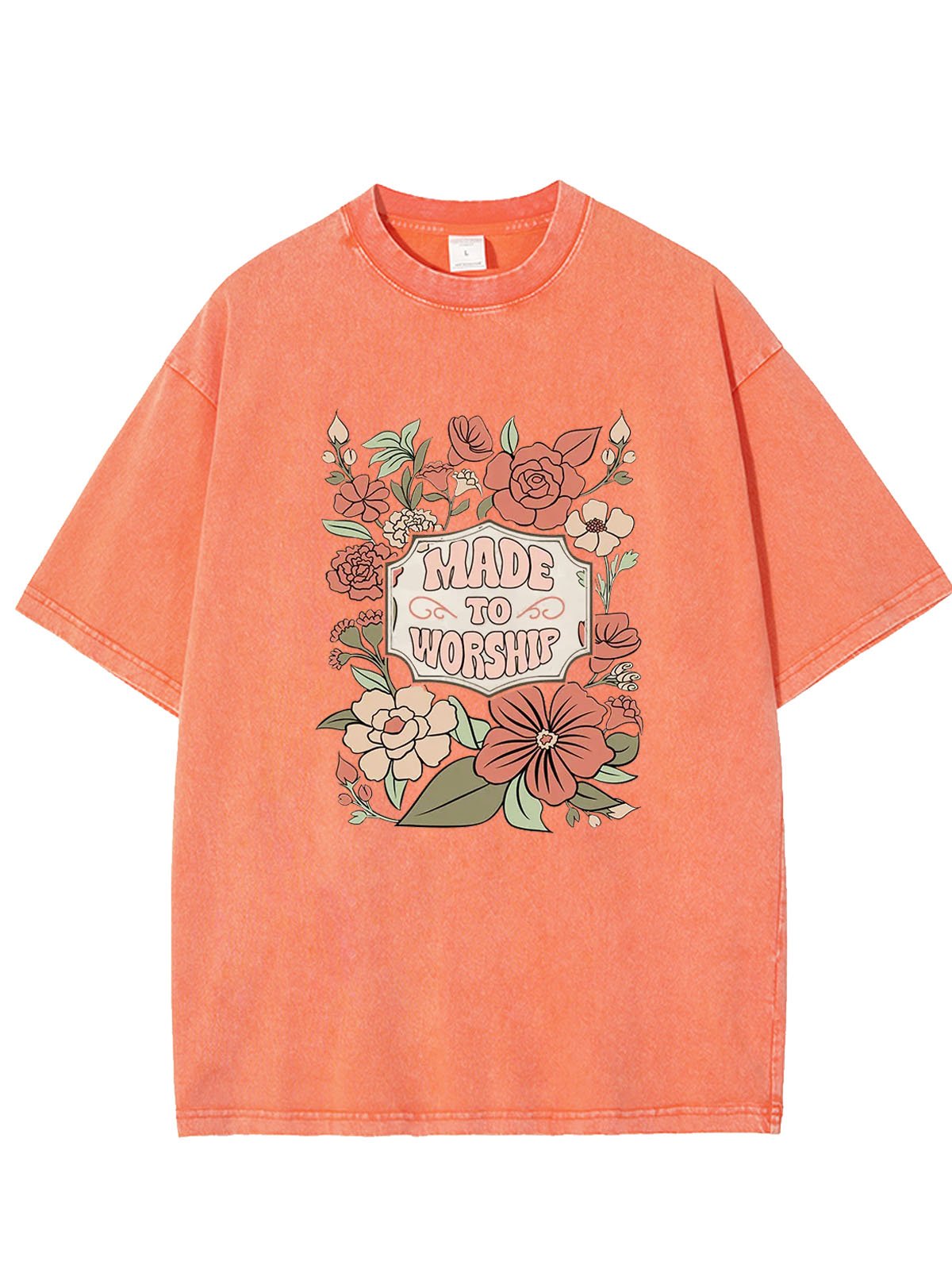 Flower text letter printed casual wash T-shirt