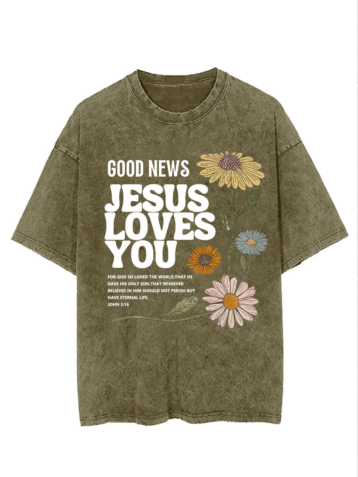 Flower text letter printed casual wash T-shirt