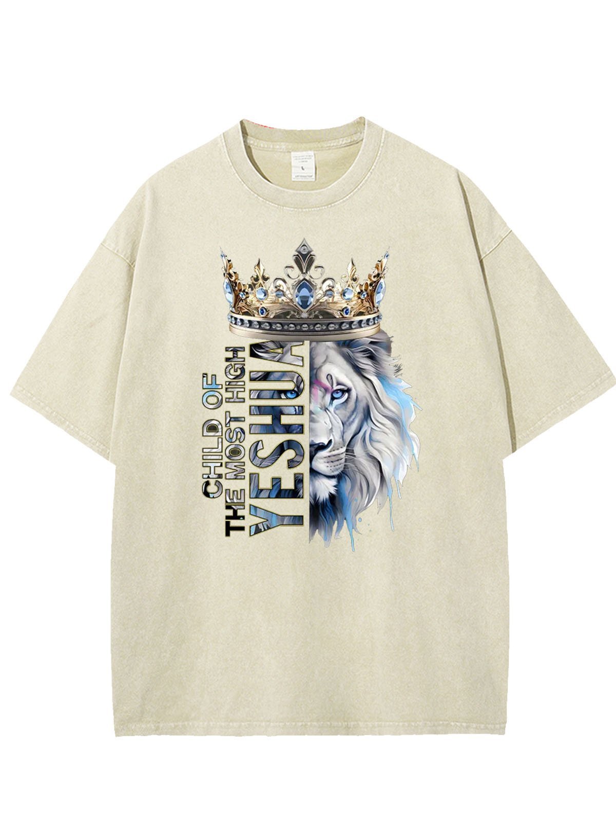 Lion text letter printed casual wash T-shirt