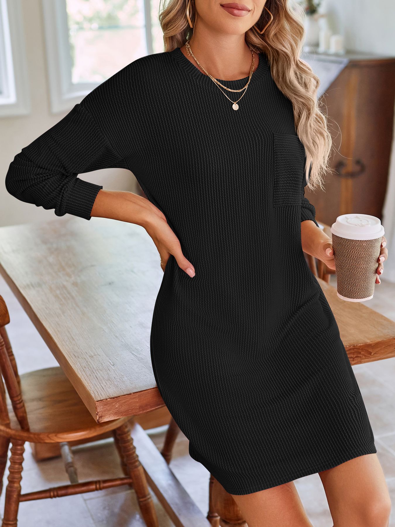 Women's Long Sleeve Summer Green Plain Crew Neck Daily Going Out Casual Knee Length H-Line Dress