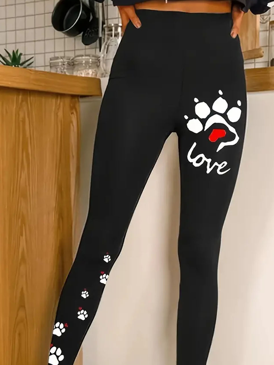 Cat paw text letter printed casual tight leggings