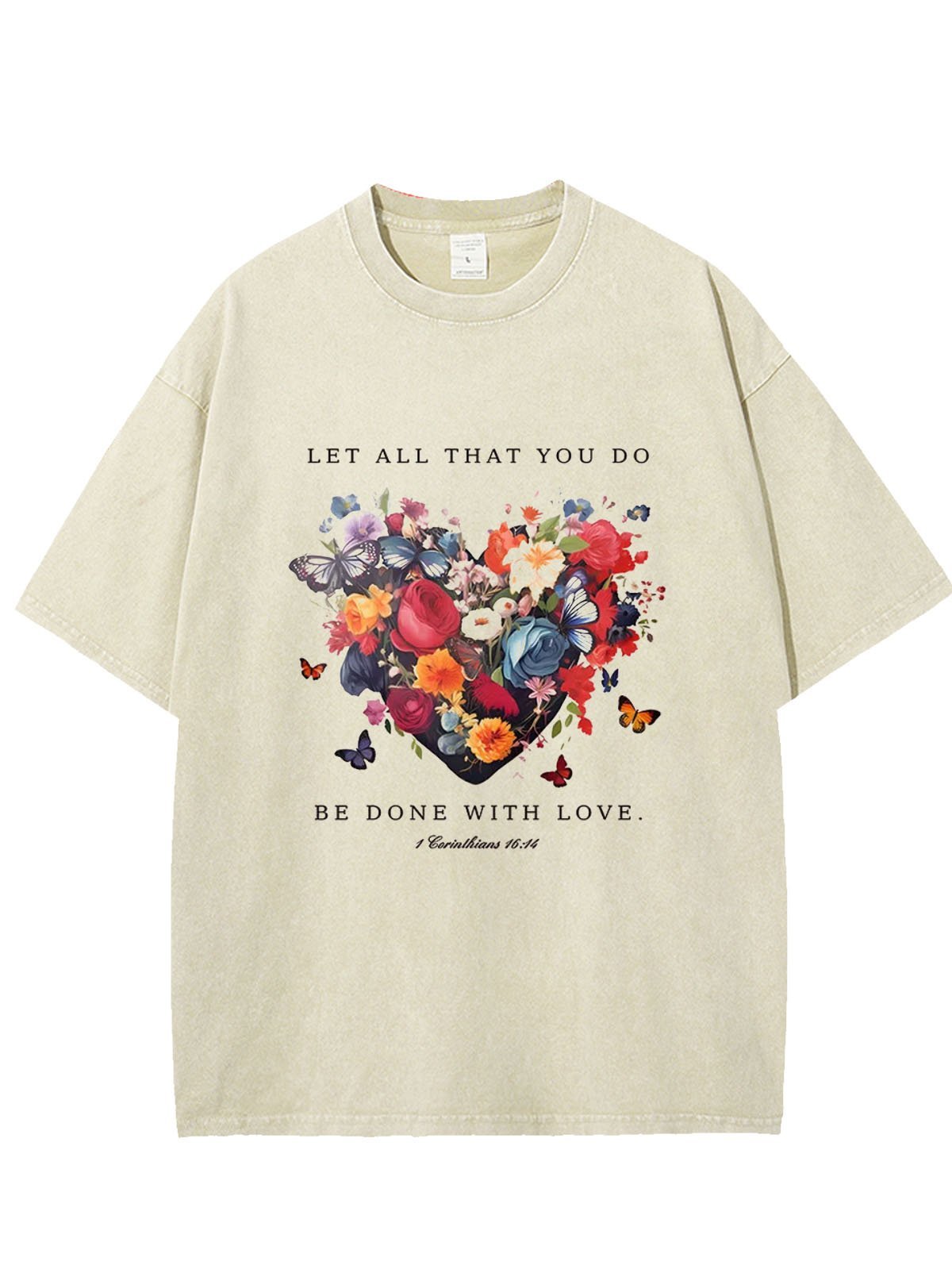 Flower text letter printed casual wash T-shirt