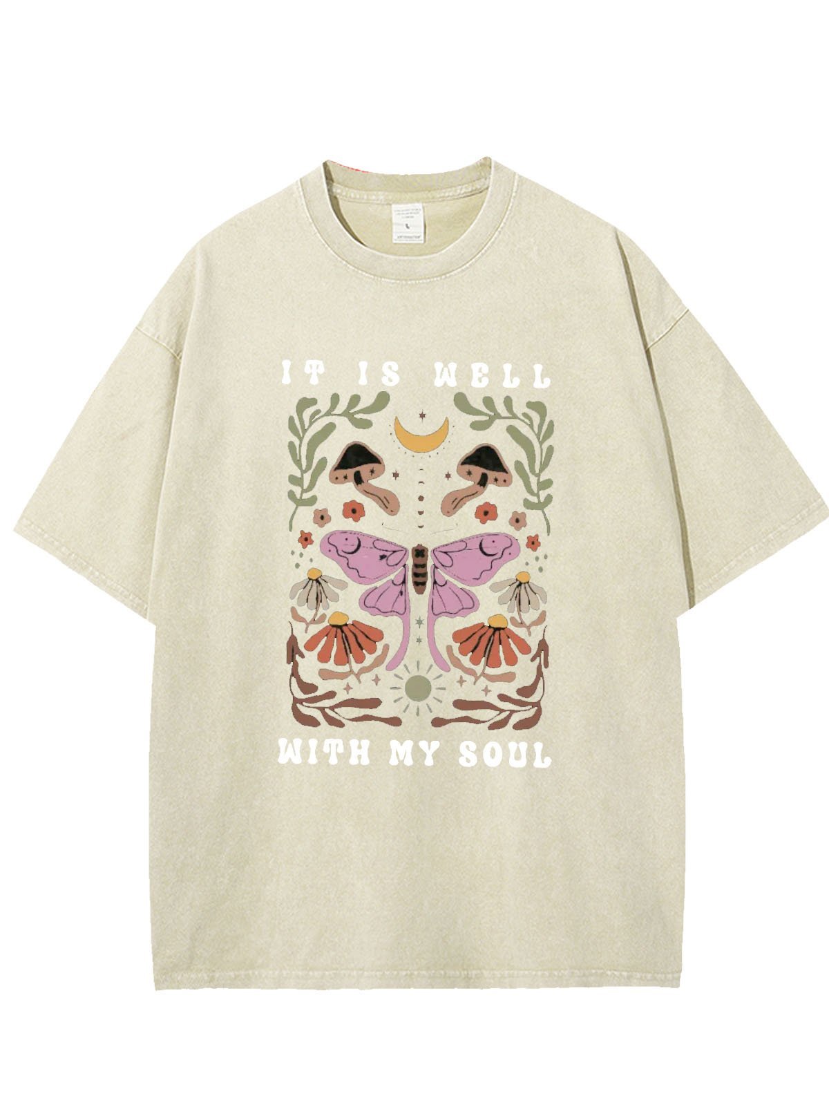 Flower text letter printed casual wash T-shirt