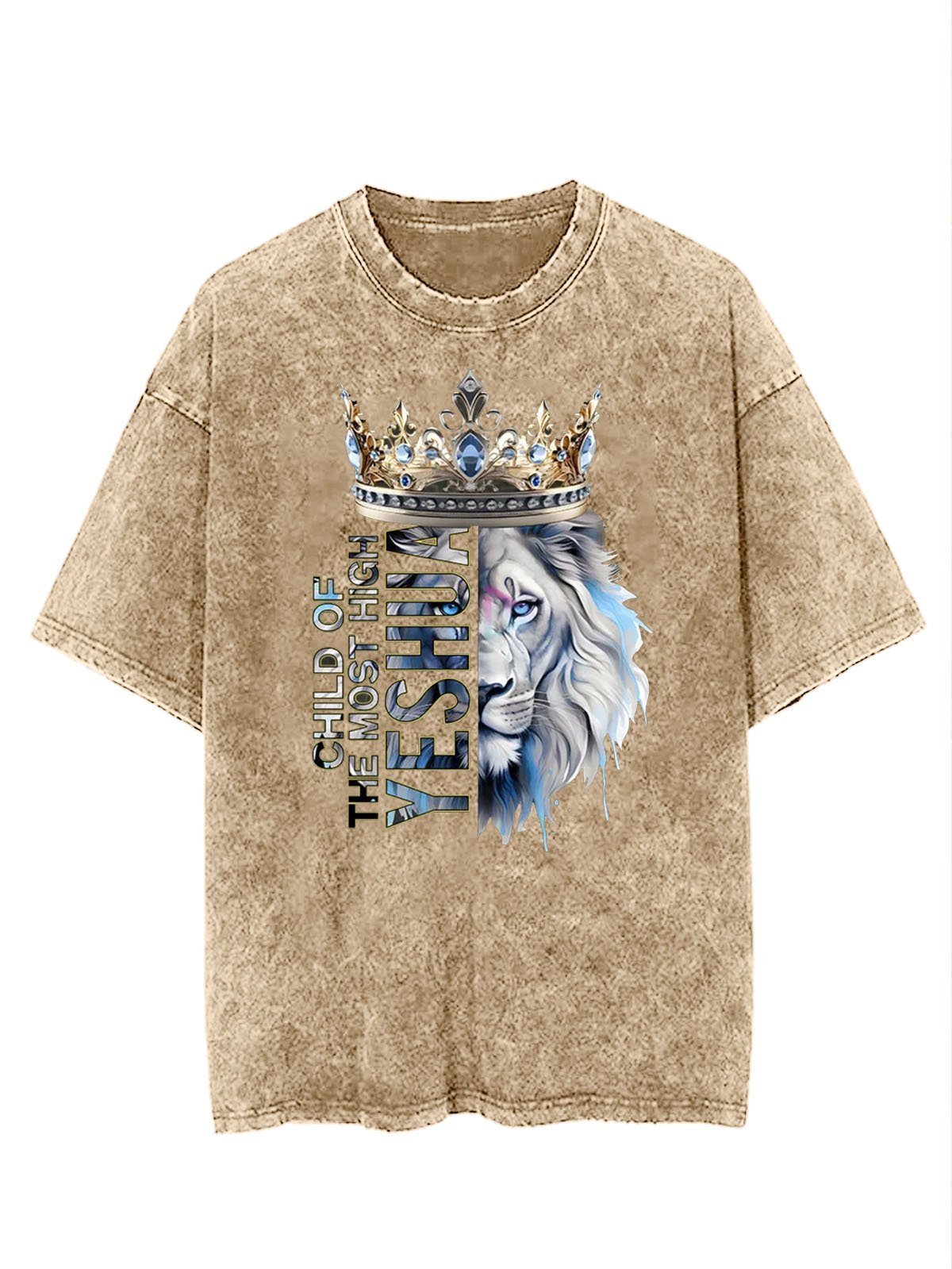 Lion text letter printed casual wash T-shirt