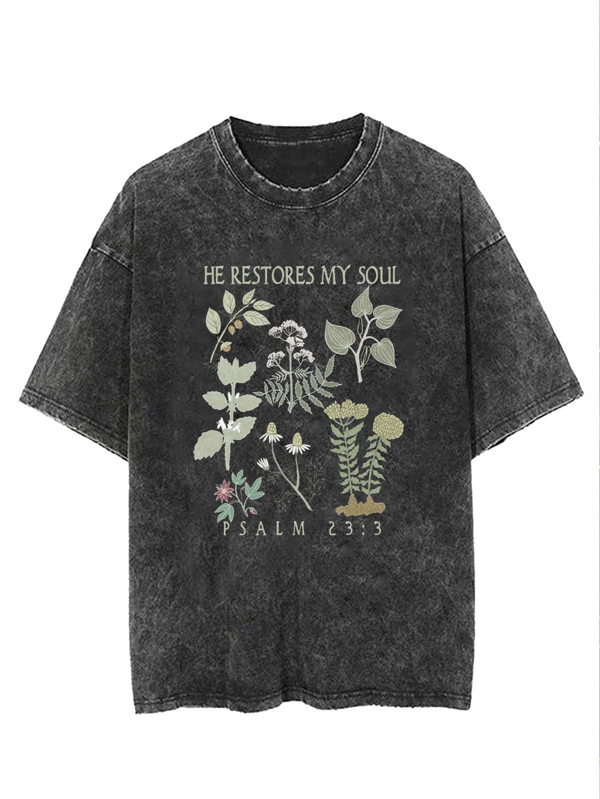 Flower text letter printed casual wash T-shirt