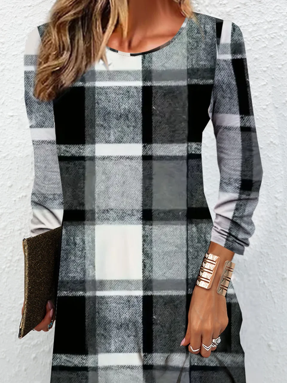 Plaid printed round neck casual dress