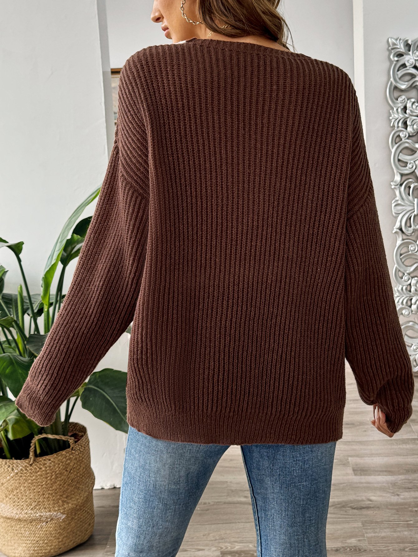 V neck Wool/Knitting Long Sleeve Loose Color Block Casual Sweater