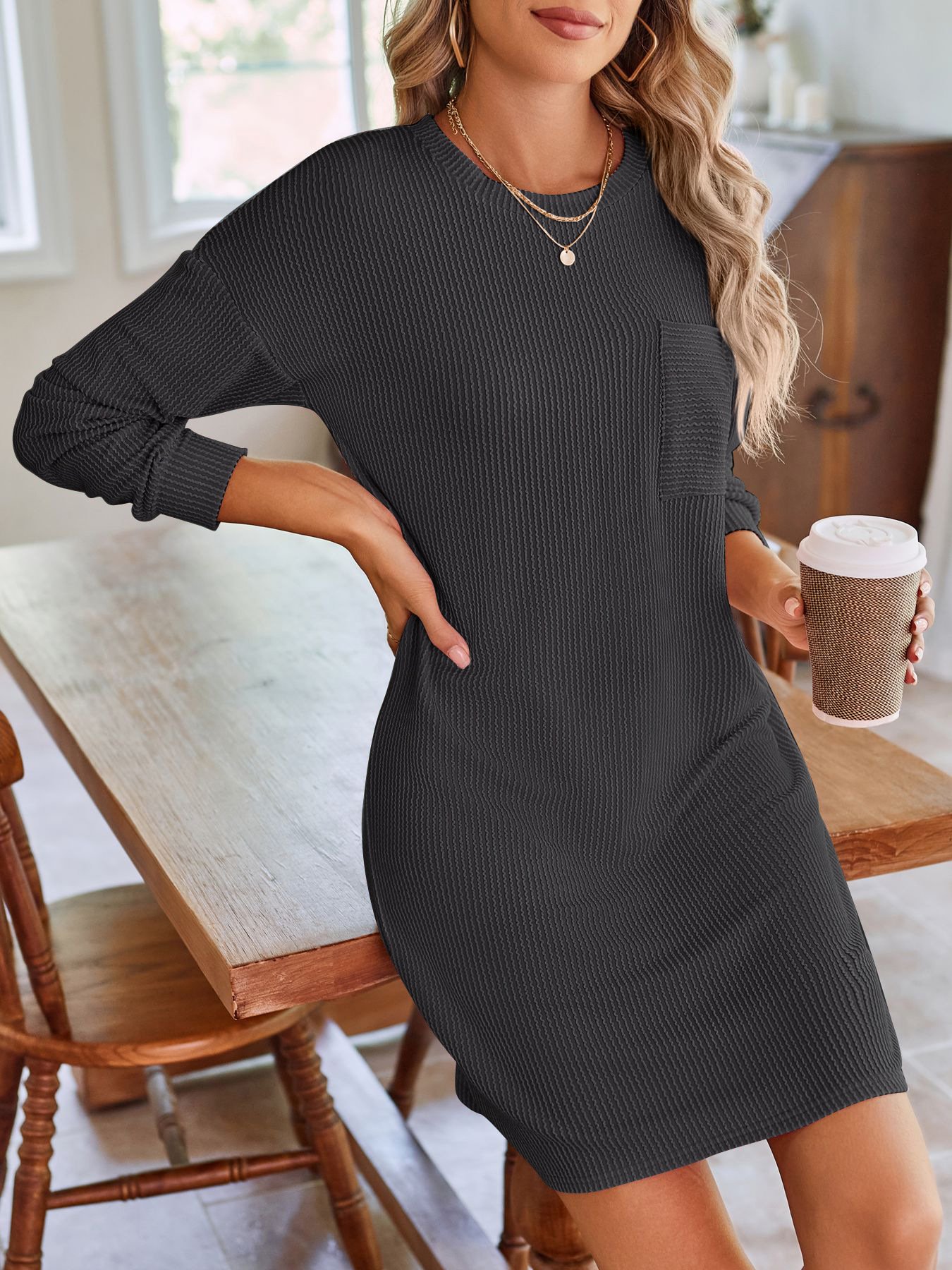 Women's Long Sleeve Summer Green Plain Crew Neck Daily Going Out Casual Knee Length H-Line Dress