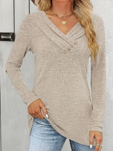 Knitted V Neck Plain Casual T-Shirt