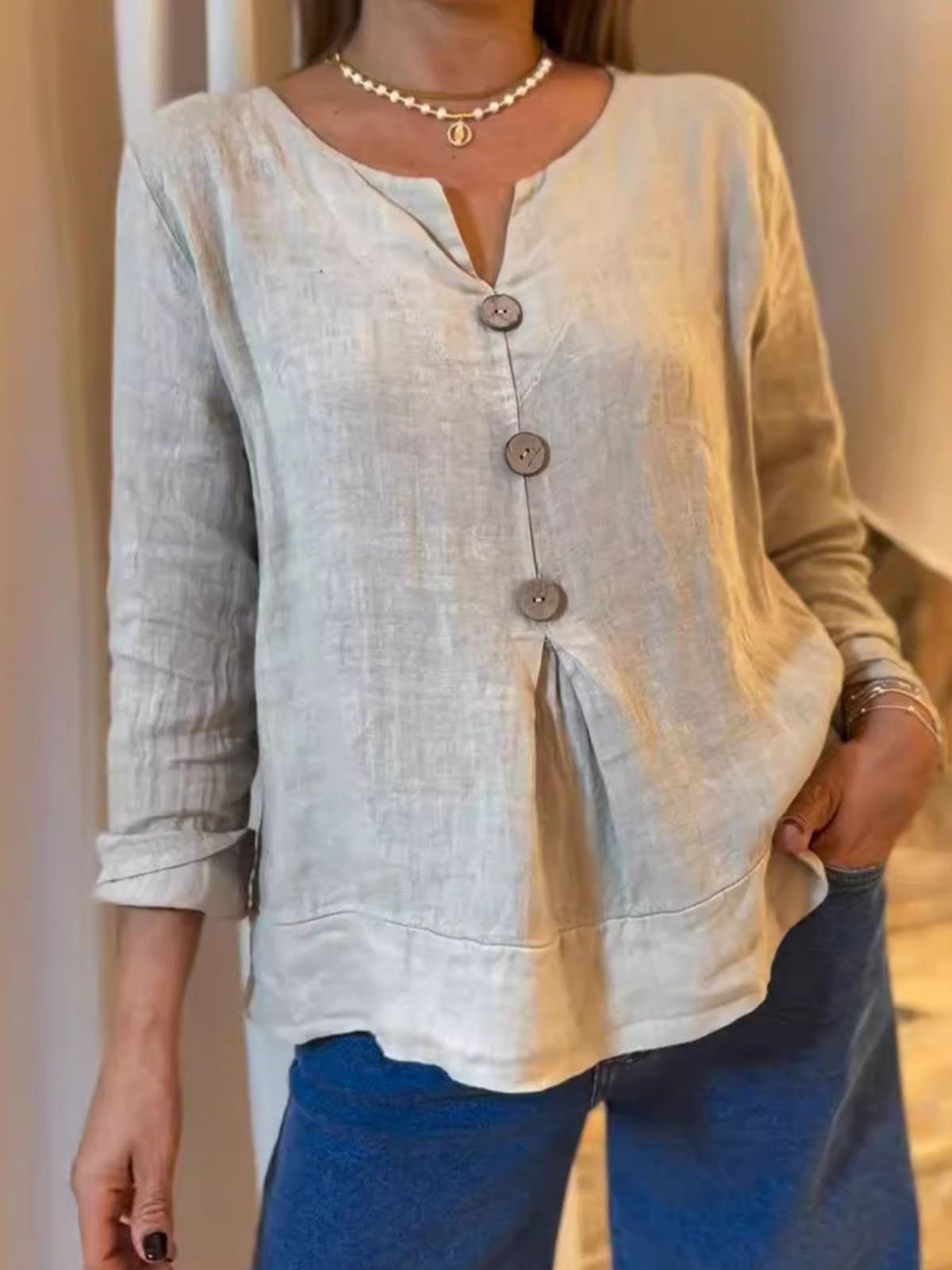 Casual Plain Buckle Cotton And Linen Blouse