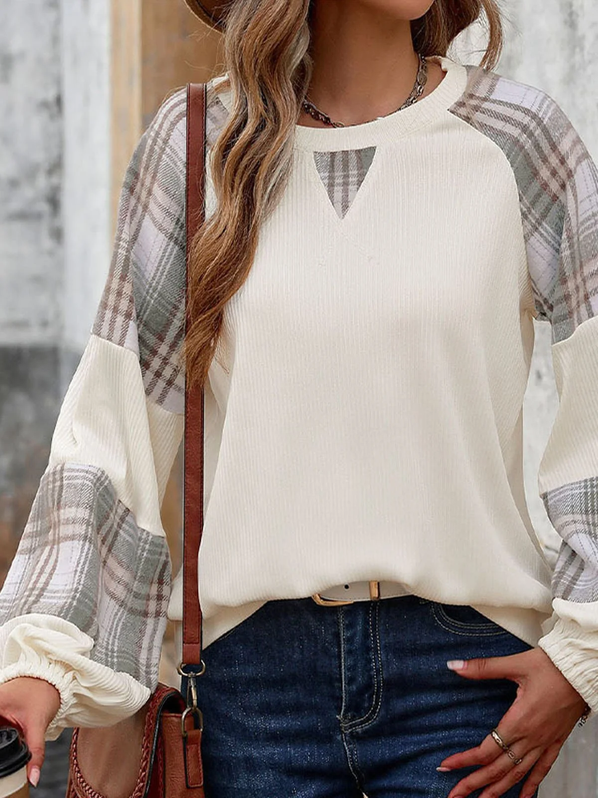 Casual Plaid Crew Neck Split Joint Sweatshirt