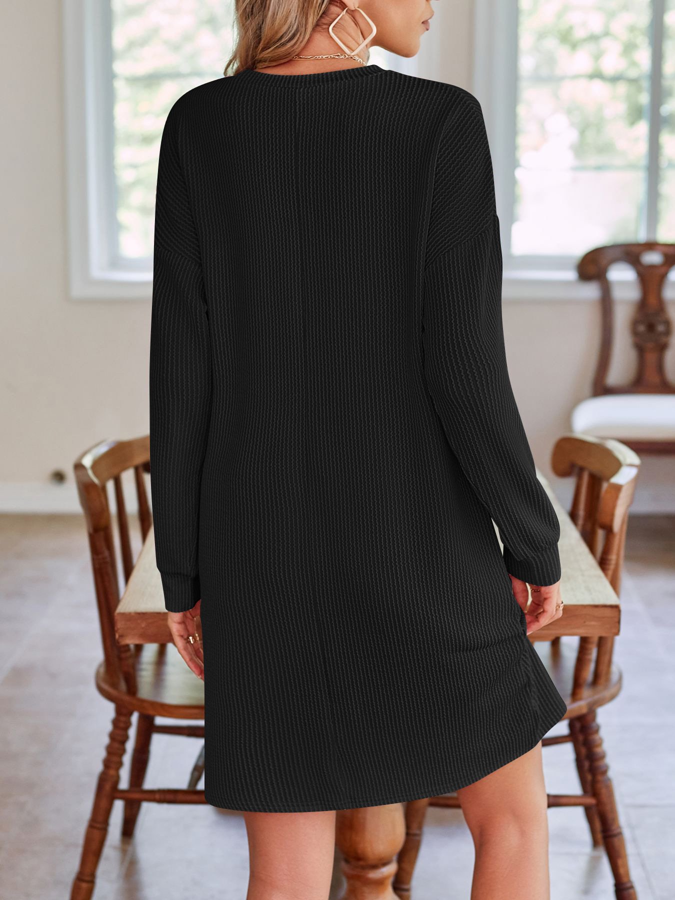 Women's Long Sleeve Summer Green Plain Crew Neck Daily Going Out Casual Knee Length H-Line Dress