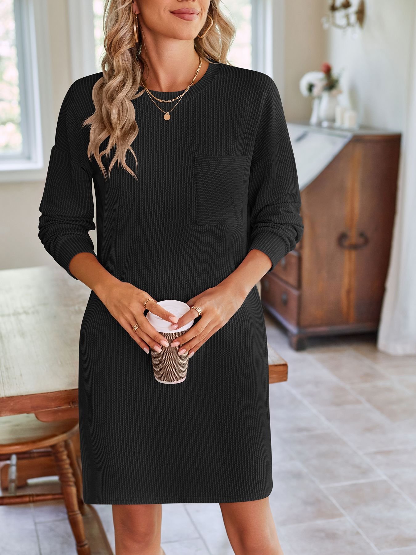 Women's Long Sleeve Summer Green Plain Crew Neck Daily Going Out Casual Knee Length H-Line Dress