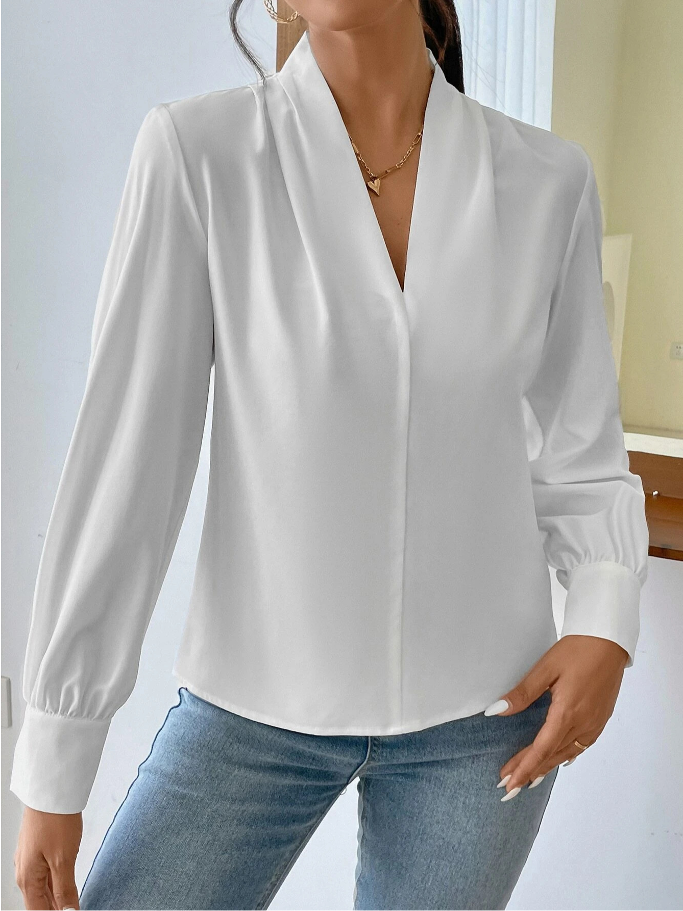 Women's Long Sleeve Blouse Spring/Fall Off White Plain V Neck Daily Going Out Casual Top