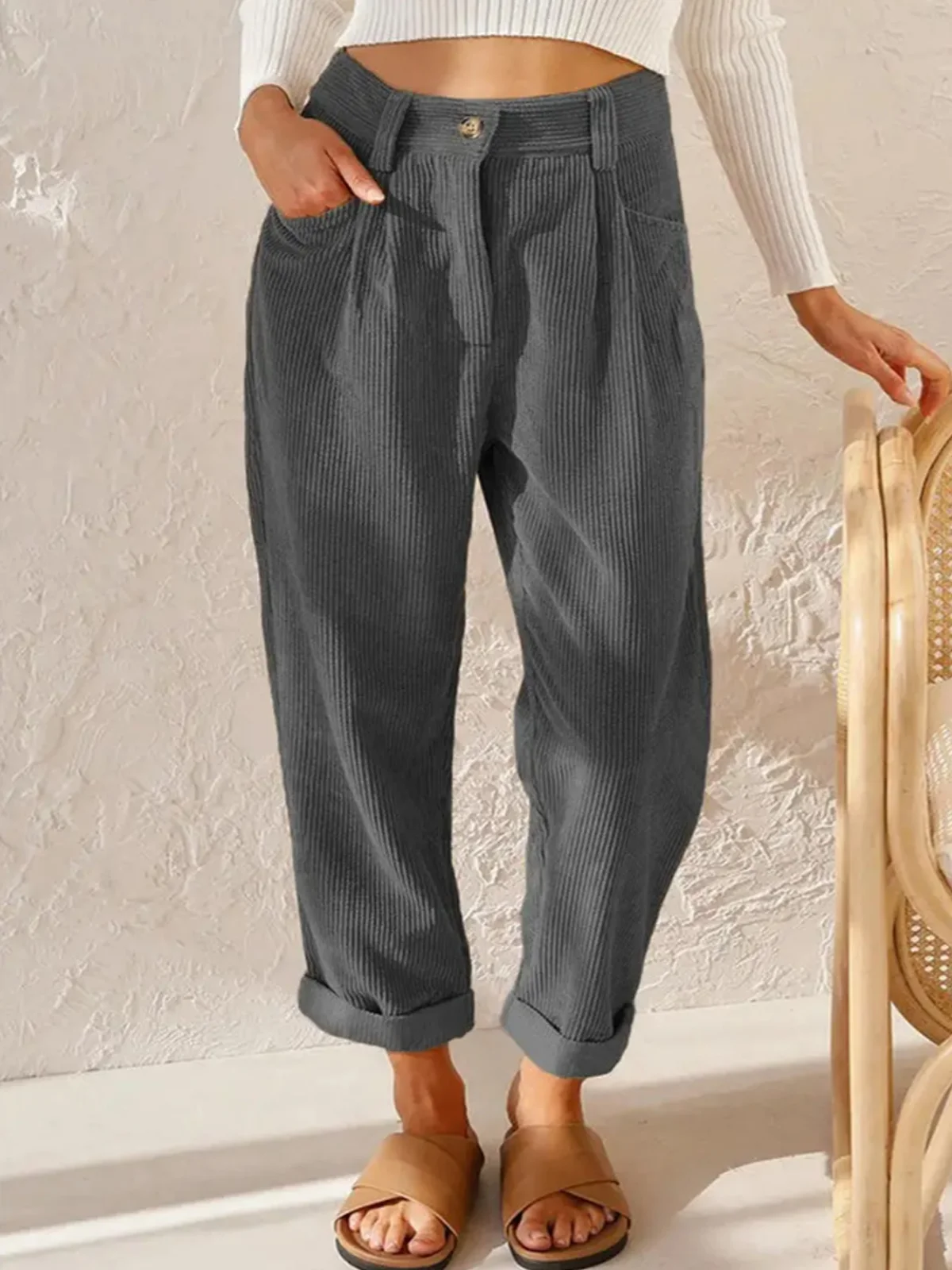 Loose Casual Pocket Stitching Corduroy Pants