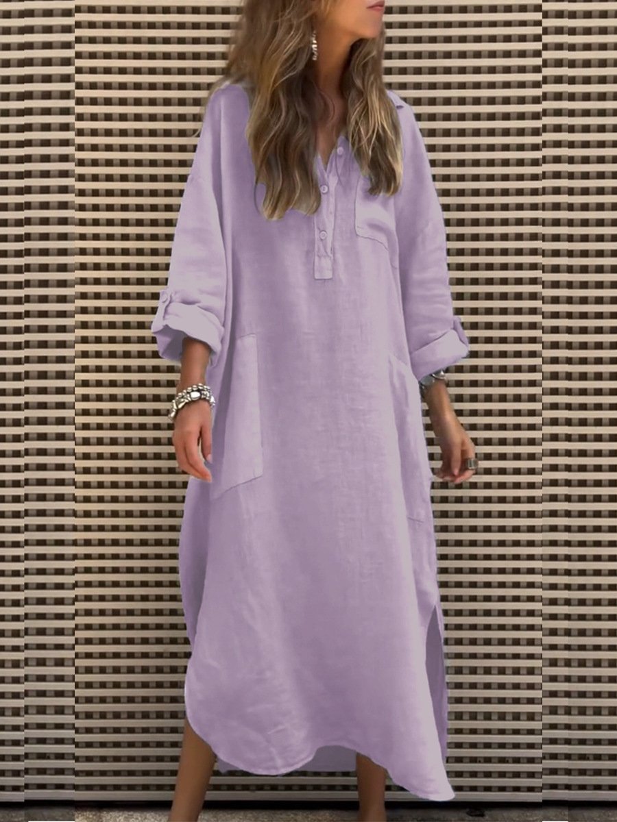 Women's Long Sleeve Spring/Fall Light Purple Plain Buckle Shirt Collar Daily Going Out Casual Midi H-Line Dress