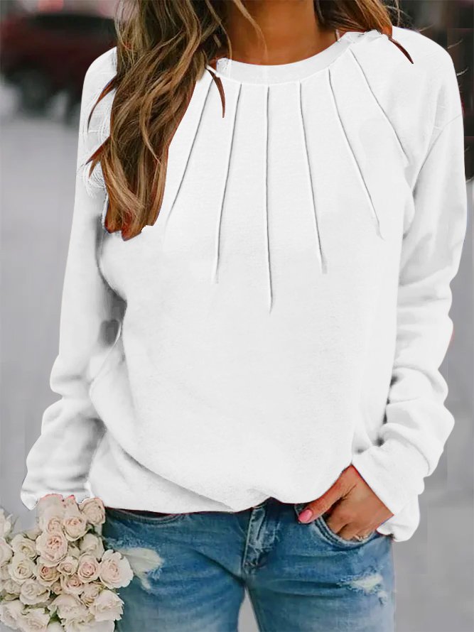 Casual Cotton-Blend Plain Sweatshirt