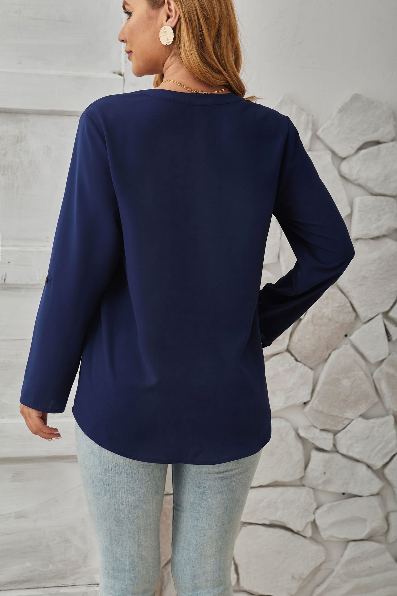 Women's Long Sleeve Blouse Spring/Fall Apricot Plain Buckle Crew Neck Daily Going Out Casual Top