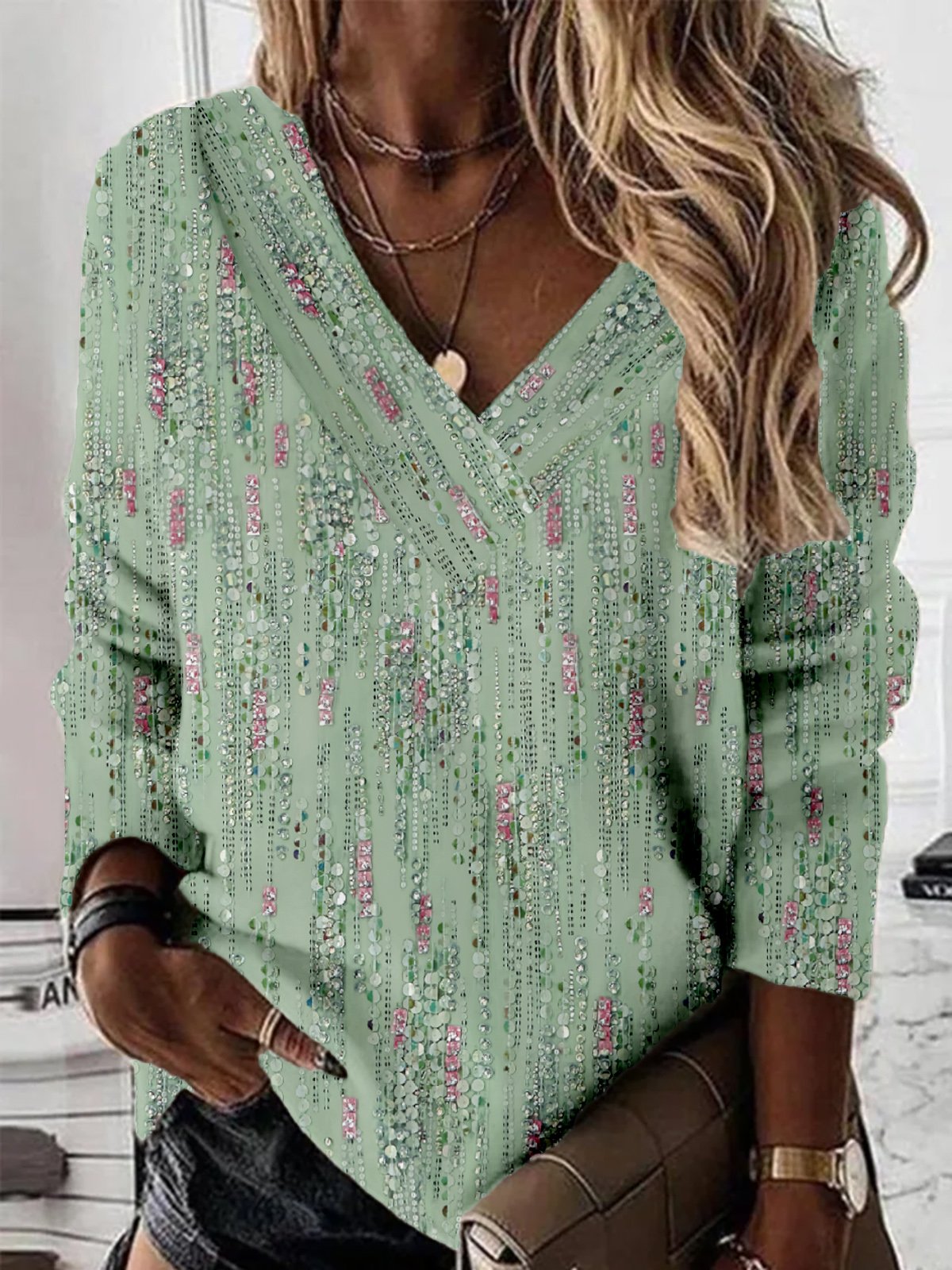 Loose Casual Abstract V Neck Sweatshirt