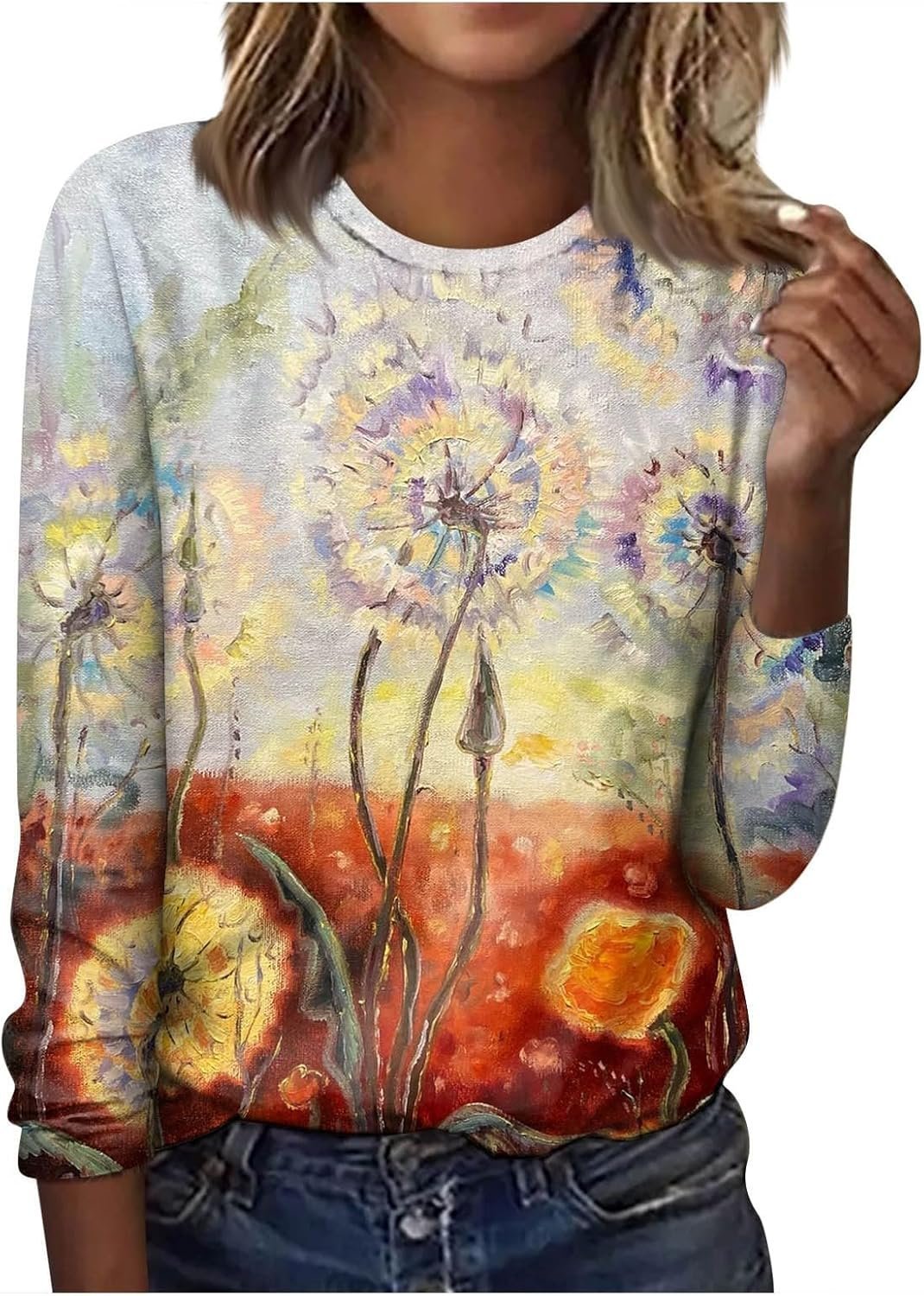 Women's Long Sleeve Floral Knitted Crew Neck Casual Top