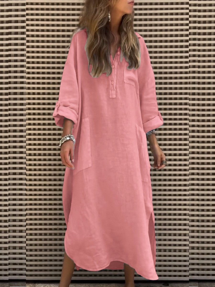 Women's Long Sleeve Spring/Fall Light Purple Plain Buckle Shirt Collar Daily Going Out Casual Midi H-Line Dress