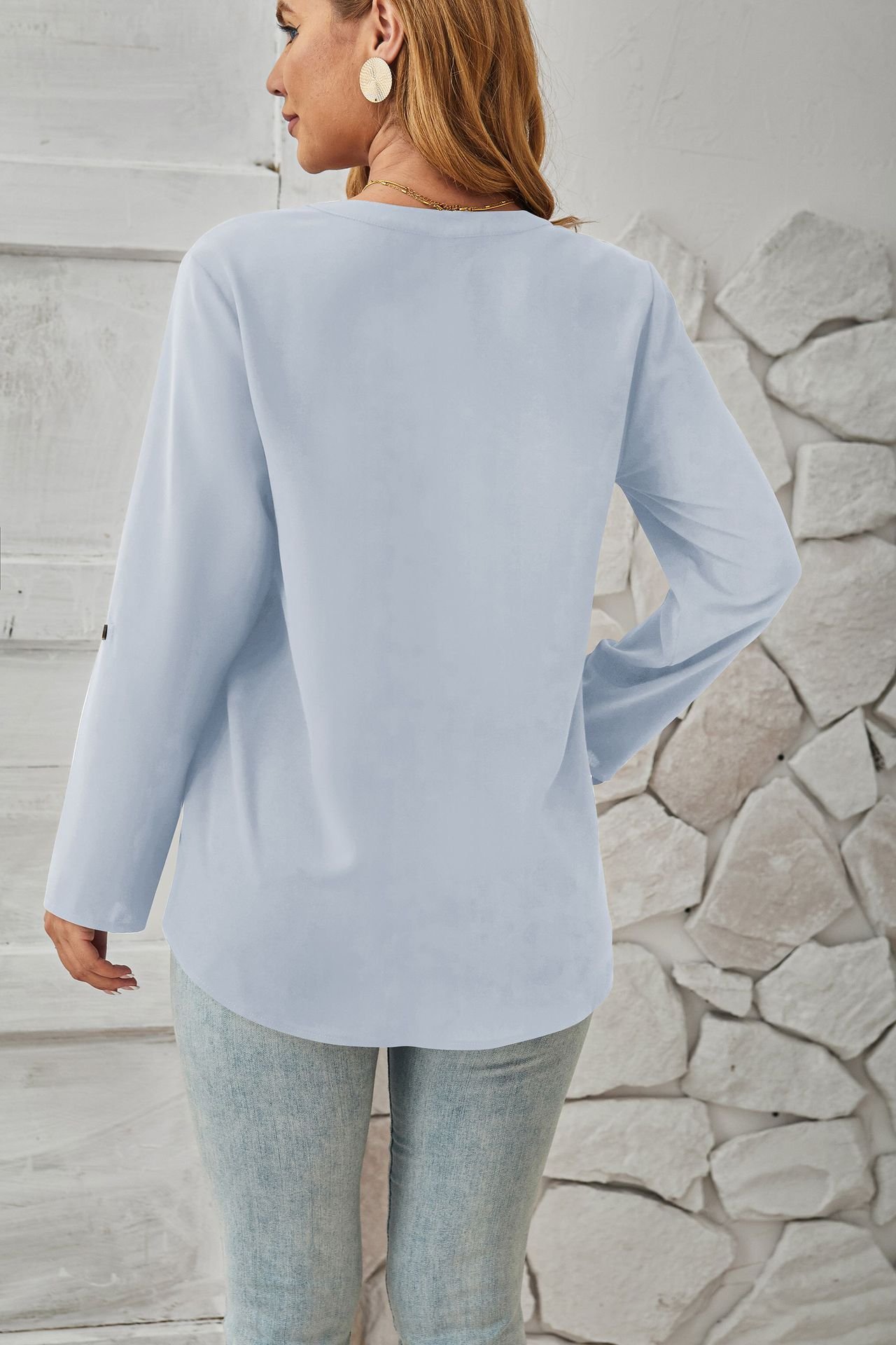 Women's Long Sleeve Blouse Spring/Fall Apricot Plain Buckle Crew Neck Daily Going Out Casual Top