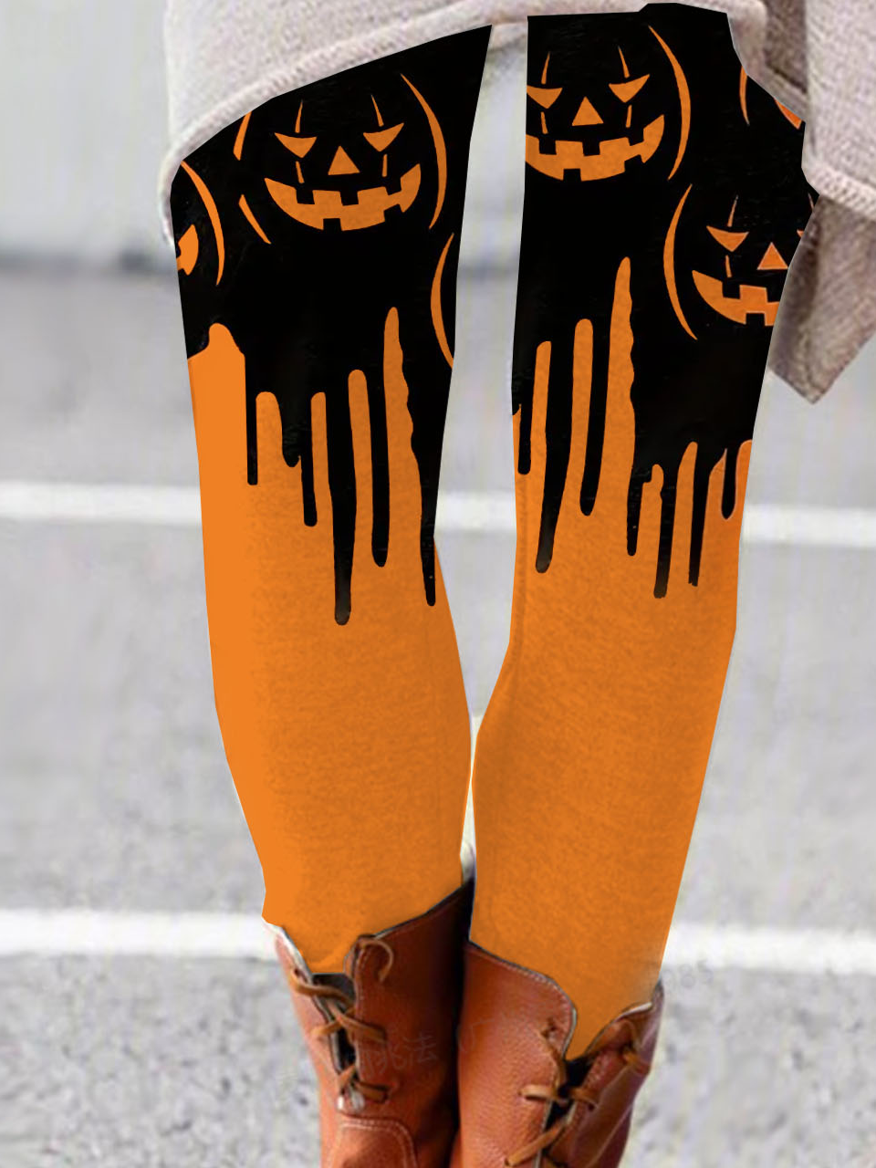 Halloween pumpkin print casual tight fitting women's leggings