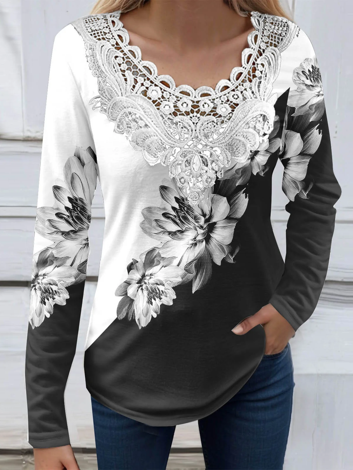 Lace Jersey Casual Blouse