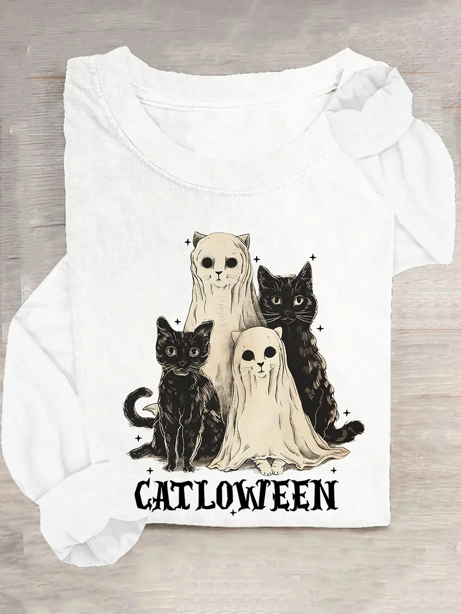 Catloween Funny Halloween Casual Long Sleeve Shirt