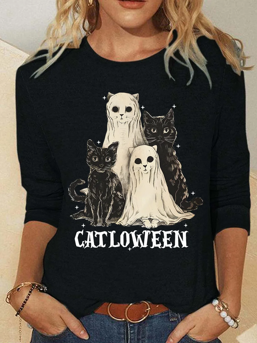 Catloween Funny Halloween Casual Long Sleeve Shirt