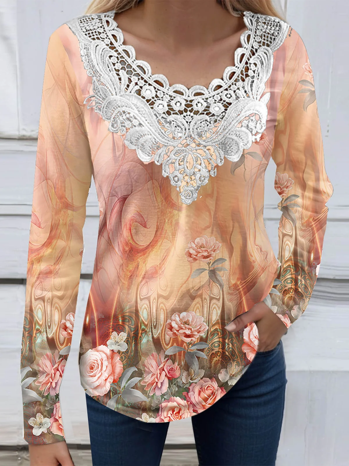 Lace Jersey Casual Blouse