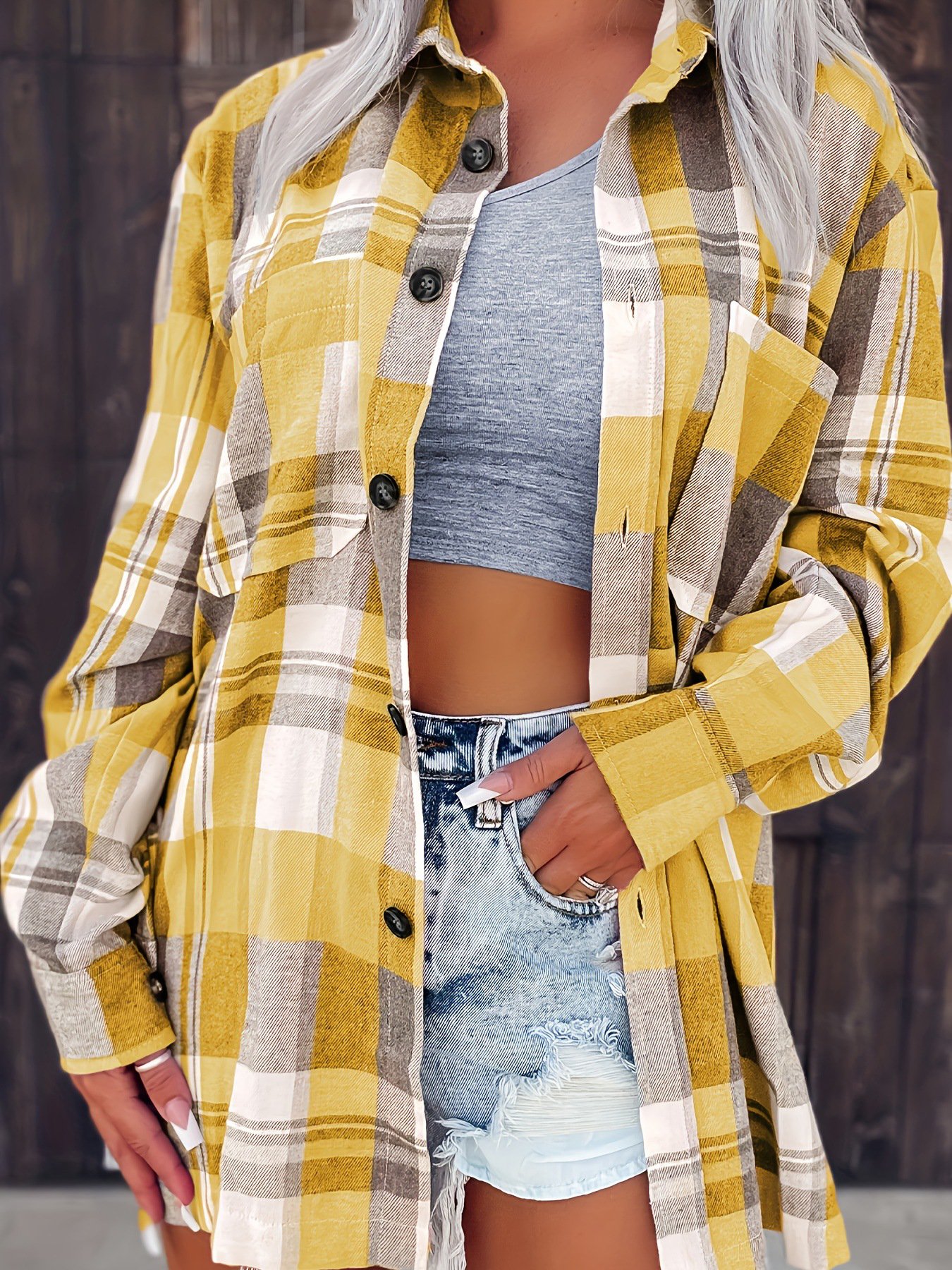 Casual Pocket Stitching Plaid Loose Shirt